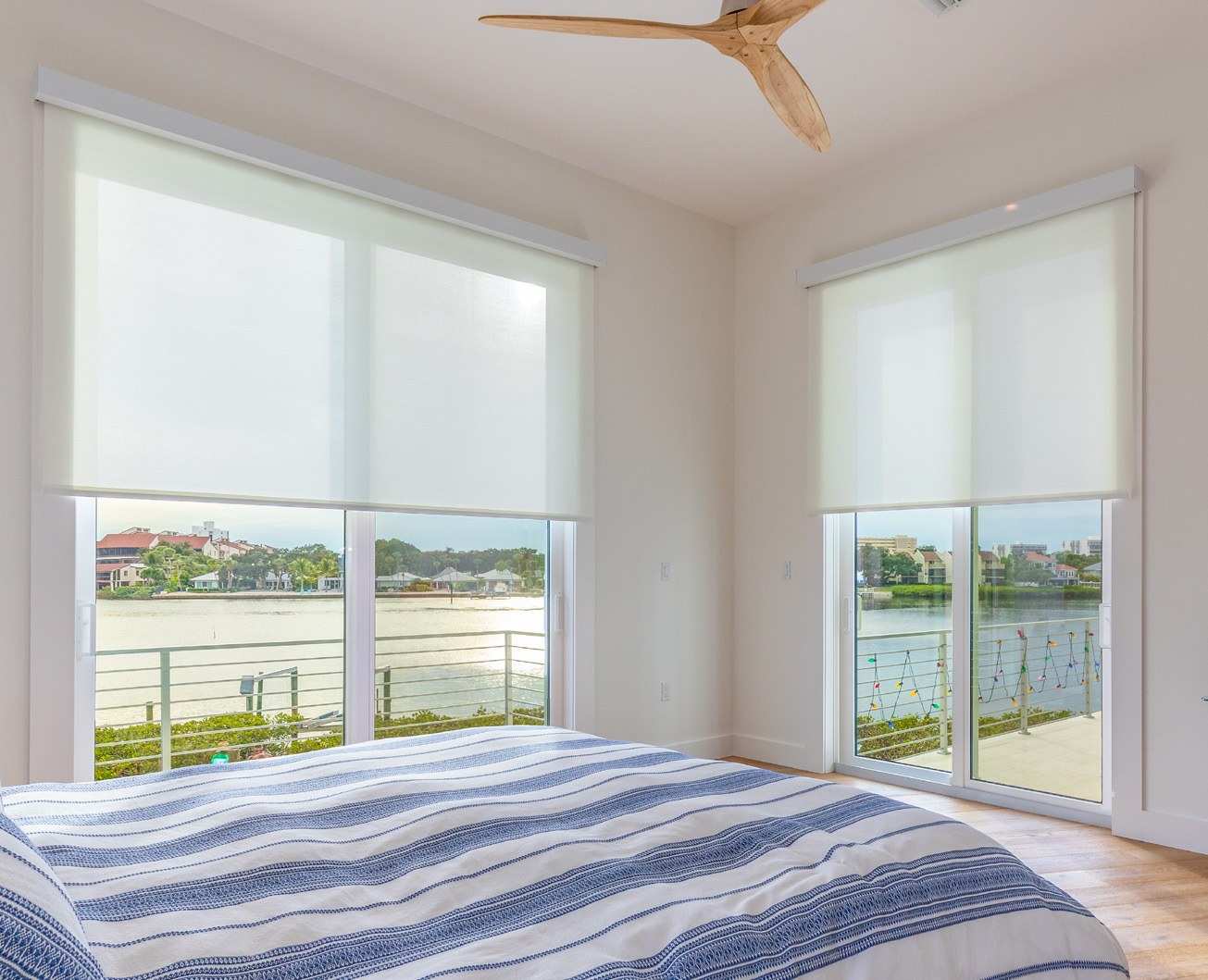 Interior roller shades in a living space